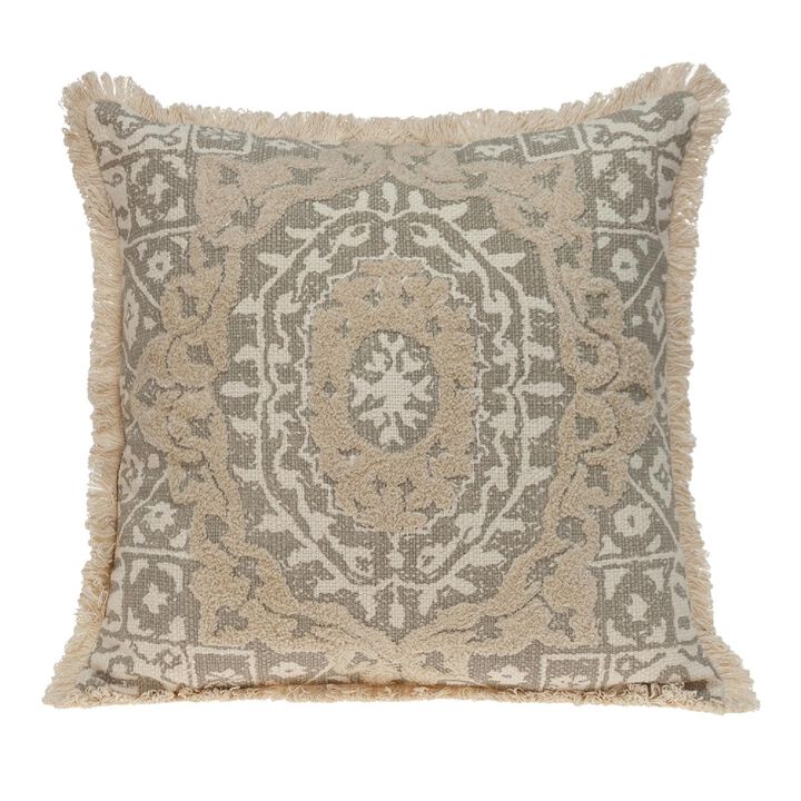 18" Beige and White Embroidered Ethnic Design Throw Pillow