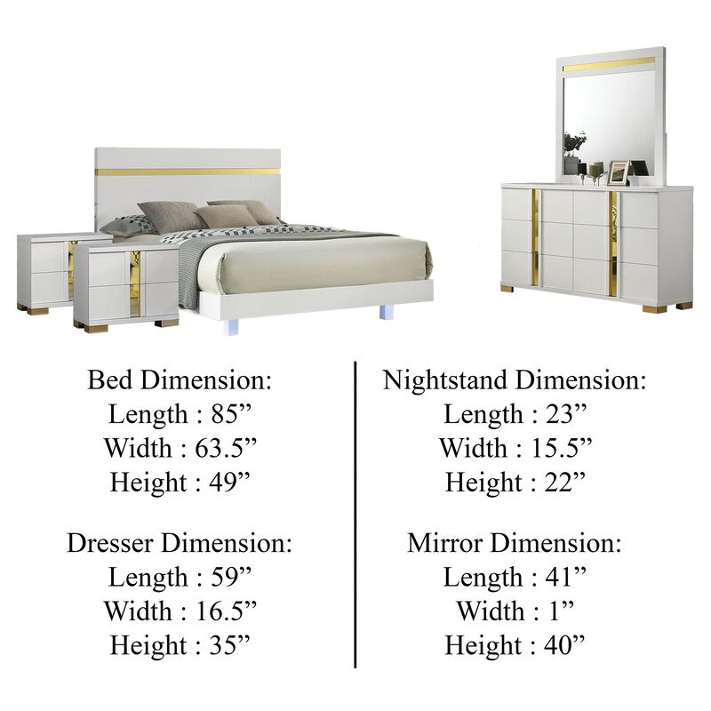Yoki 5pc Queen Bedroom Set w Underbed LED, White and Gold, 2 Nightstands image number 4