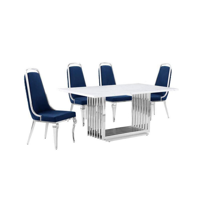 5pc Small(68") marble top dining set with silver base and 4 Navy Blue chairs