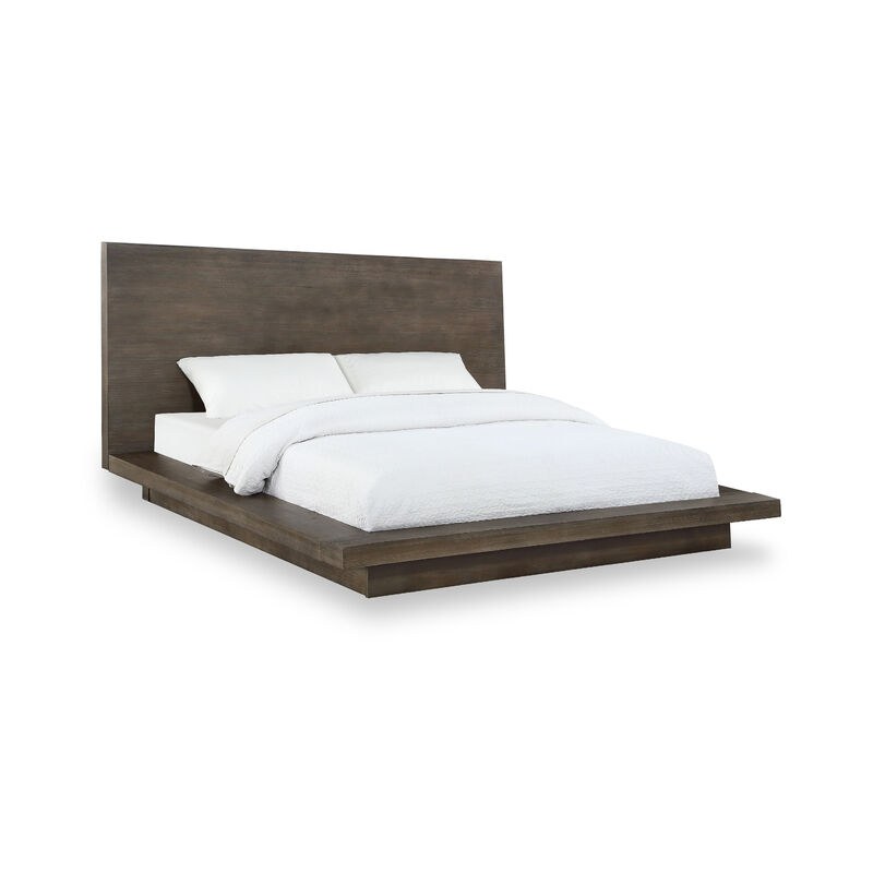 Nels Pine Wood Platform Queen Bed, Plinth Base, Distressed Brown - Benzara