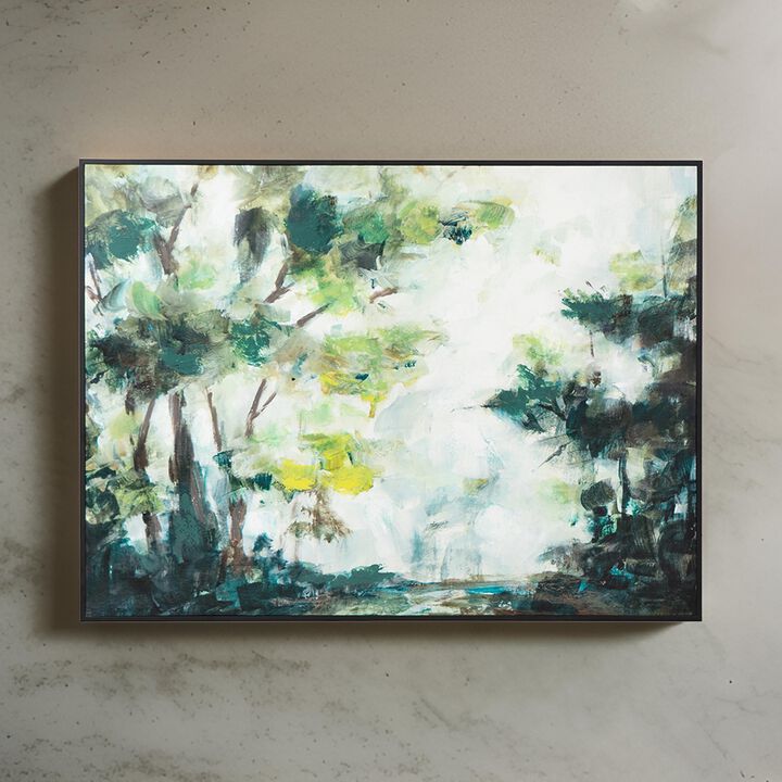 35 x 47 Framed Wall Art, Forest Watercolor Landscape, Modern Green, White