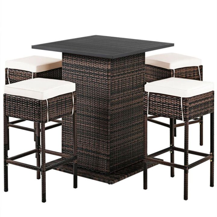 Hivvago 5 Pieces Patio Rattan Bar Furniture Set with Cushions and Hidden Storage Shelf