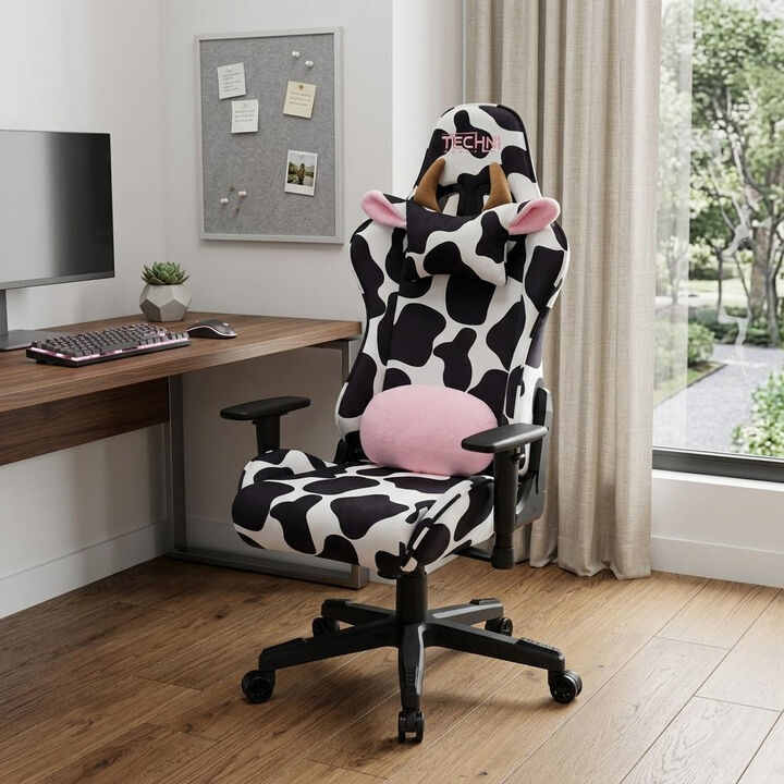 HomeRoots Black White And Pink Cow Print Adjustable Height Swivel Rolling Gaming Chair