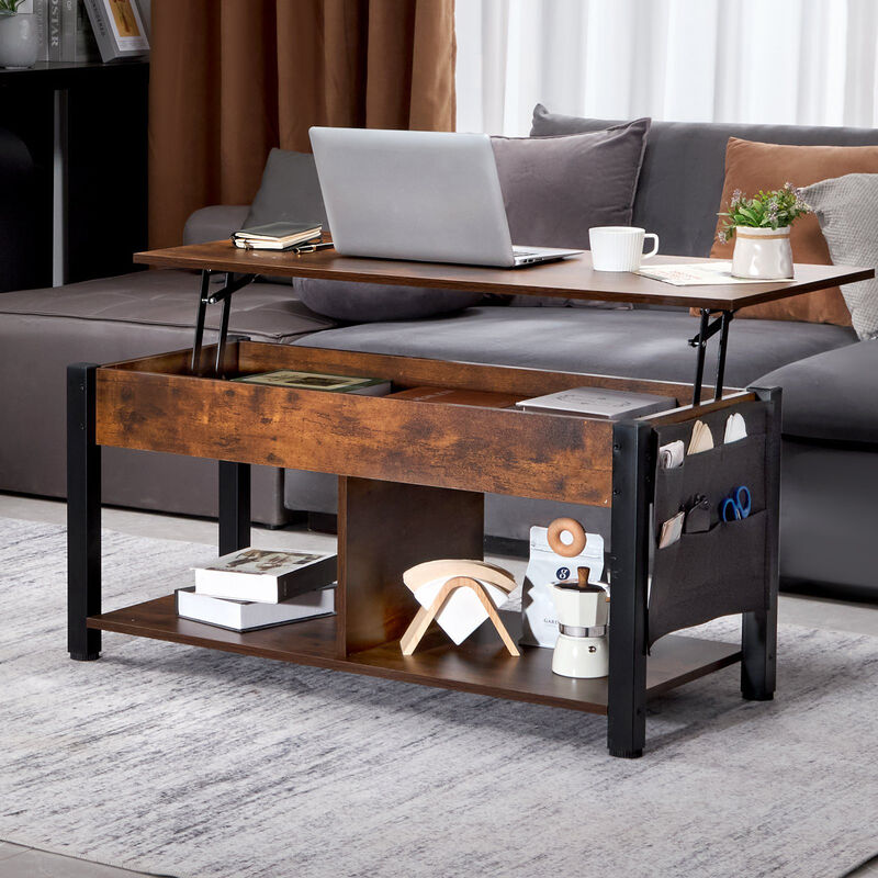 Rectangle Coffee Table with Hidden Compartments and Open Shelf for Living Room