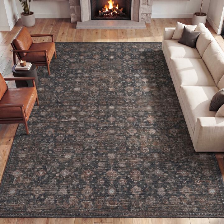 Petunia Distressed All-Over Floral Border Non-Slip Machine-Washable Blue/Light Area Rug
