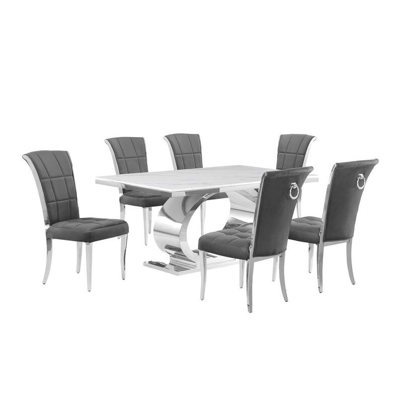 7pc Small(68") marble top dining set with silver base and 6 Dark grey chairs