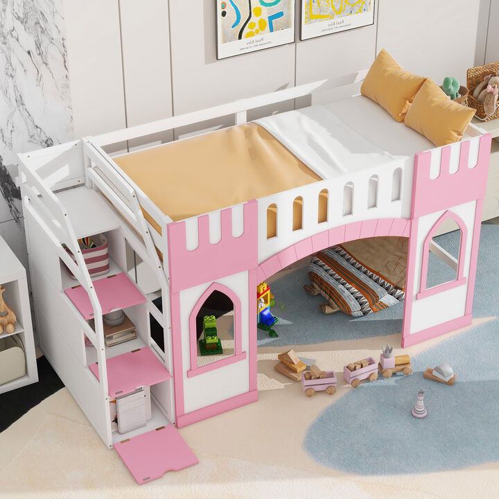 Whisen Twin Size Loft Bed with Storage Staircase, Solid Wood, for Bedroom