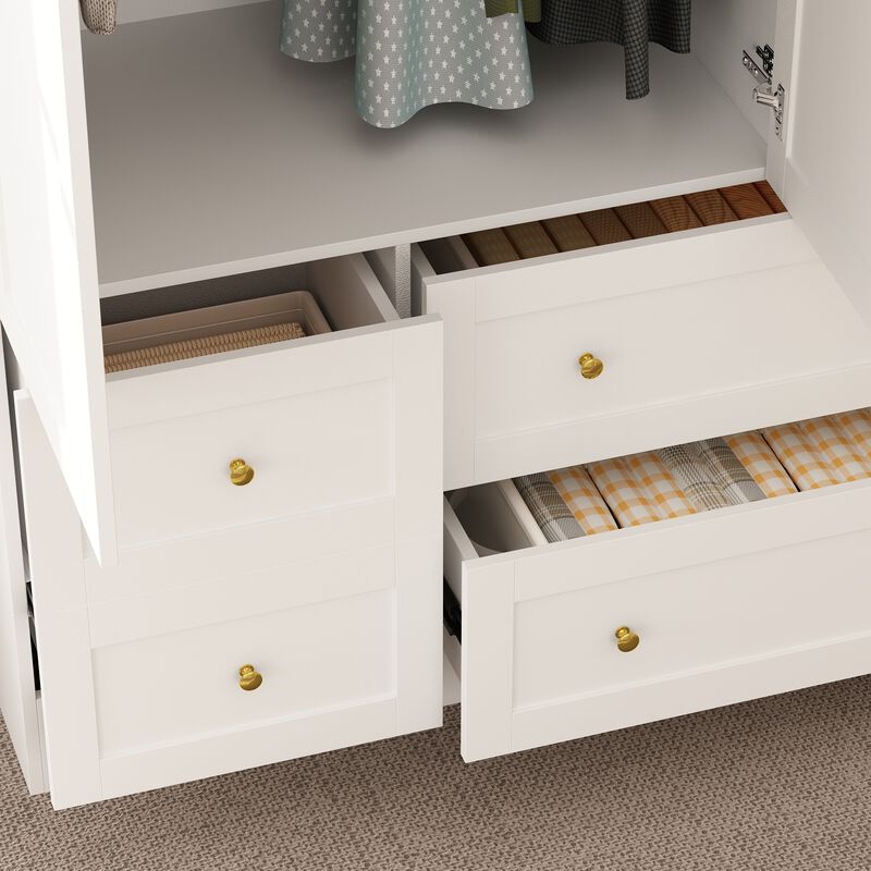 FUFU&GAGA White Corner Storage Cabinet with 3 Cabinets & 6 Drawers, PB Board Construction, Gold Handles, Space-Saving Wardrobe Organizer (97.6 x 19.7 x 70.9 in)