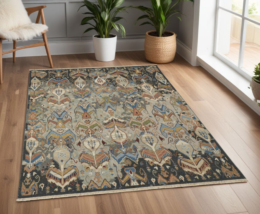 HomeRoots Wool Ikat Hand Knotted Area Rug With Fringe