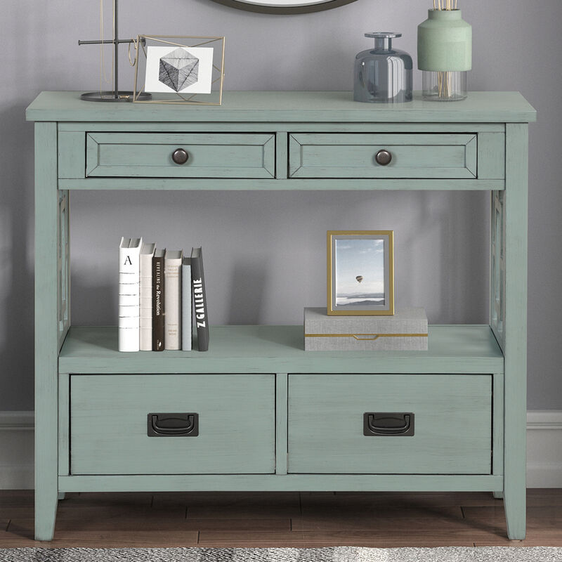 GOODSILO Farmhouse Pine Wood Console Table Entry Sofa Table with 4 Drawers and Storage Shelf image number 3