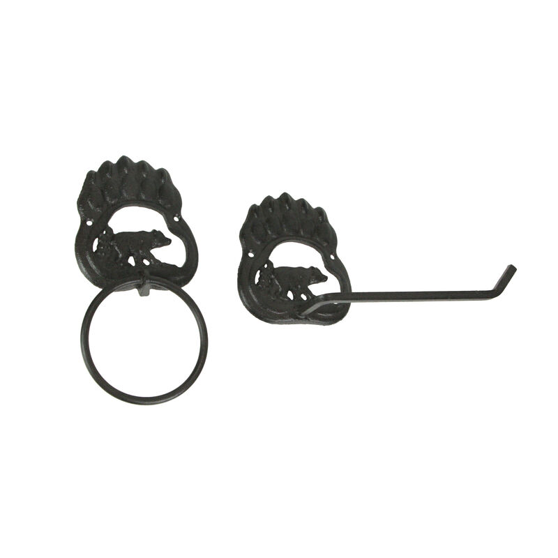 Rustic Cast Iron Black Bear Paw Towel Ring and Holder Set image number 0