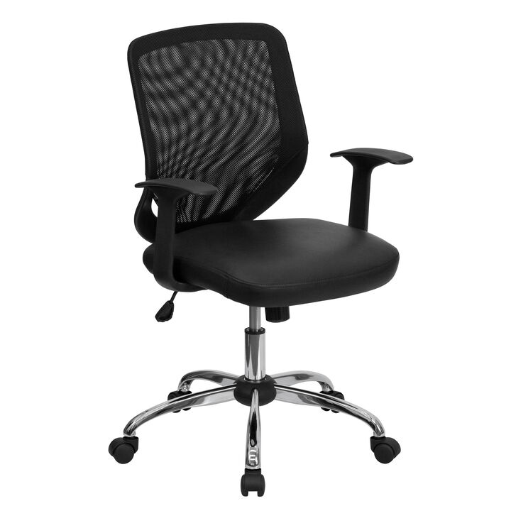 Norris Mid-Back Black Mesh Tapered Back Swivel Task Office Chair with LeatherSoft Seat, Chrome Base and T-Arms