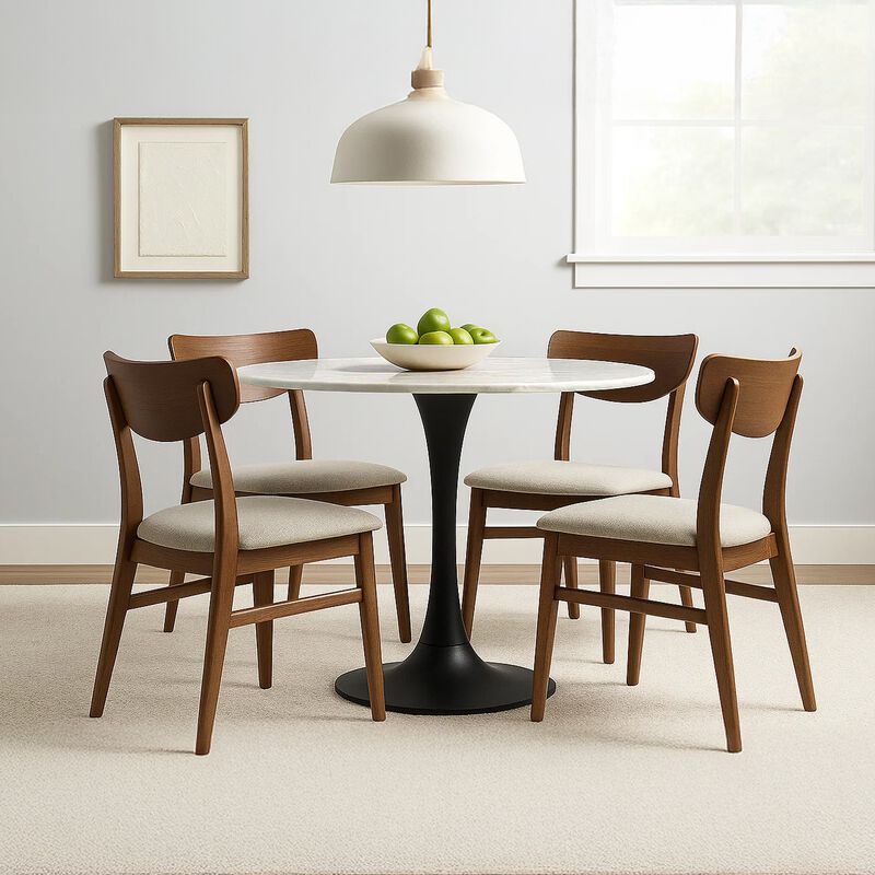 Mara Dining Table | 30 Inch Round White Genuine Marble Top | Black Metal Tulip Padestal Base