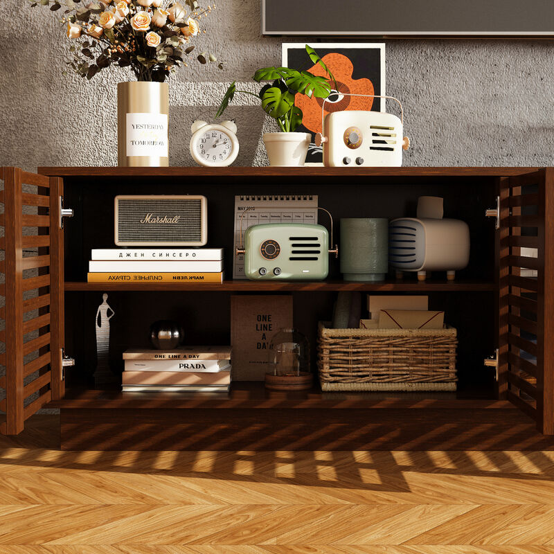 FUFU&GAGA Modern Wooden TV Stand with Slatted Doors – Stylish & Functional Storage (78.7" W x 18.8" H x 15.7" D), Brown