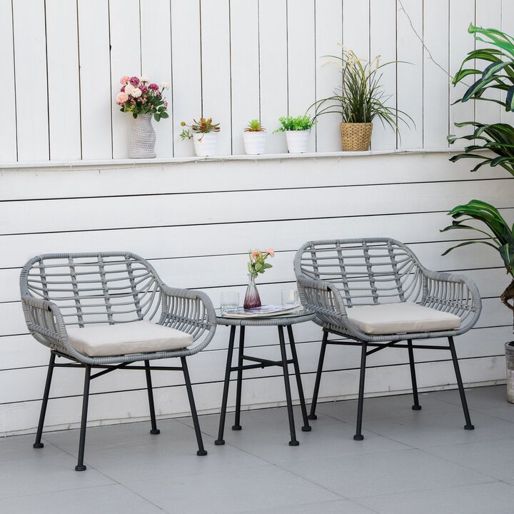 Cream White, 3 Pieces Patio PE Rattan Bistro Set, Outdoor Round Wicker Woven Coffee Set, 2 Chairs & 1 Coffee Table Conversation Furniture Set, for Garden