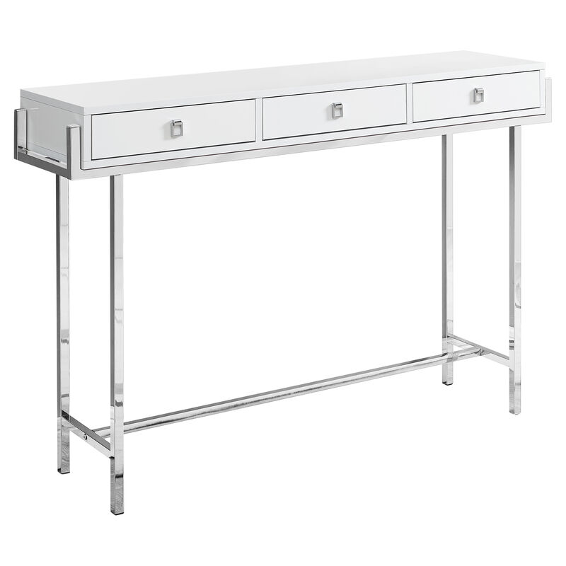 Monarch Specialties I 3297 Accent Table, Console, Entryway, Narrow, Sofa, Storage Drawer, Living Room, Bedroom, Metal, Laminate, Glossy White, Chrome, Contemporary, Modern