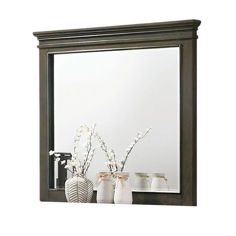 Revy Dresser Mirror, 43 Inch Gray Rubberwood Frame, Crown Molding