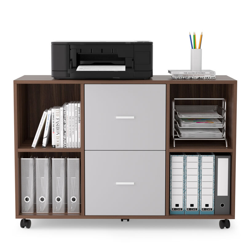 Mobile lateral filing cabinet with 2 drawers and 4 open storage cabinets, for home office, walnut-light gray