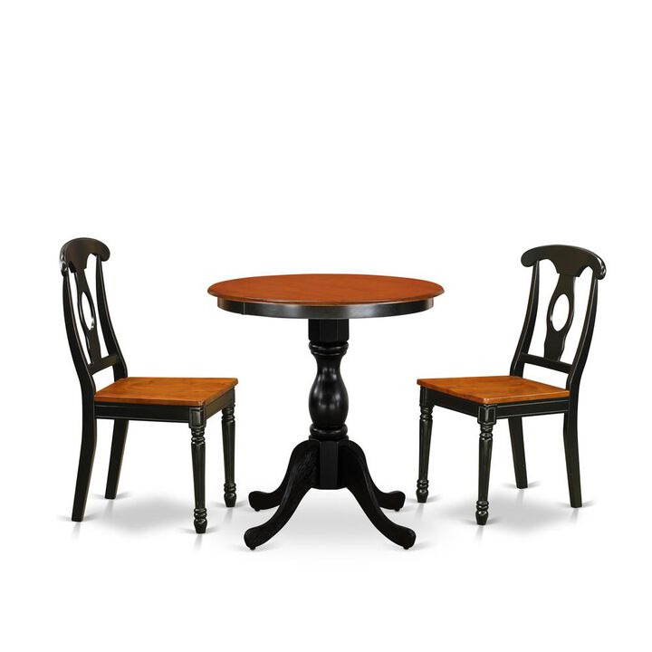 East West Furniture 3-Piece Dining Table Set Contains a Wood Table and 2 Mid Century Dining Chairs with Napoleon Back - Black Finish