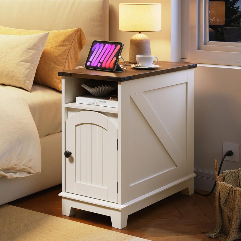 Narrow End Table with Charging Station, Space Saving Nightstand image number 1