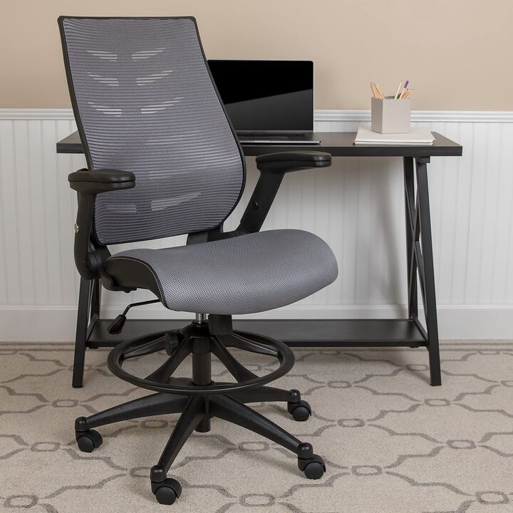 Flash Furniture Kale High Back Dark Gray Mesh Spine-Back Ergonomic Drafting Chair with Adjustable Foot Ring and Adjustable Flip-Up Arms