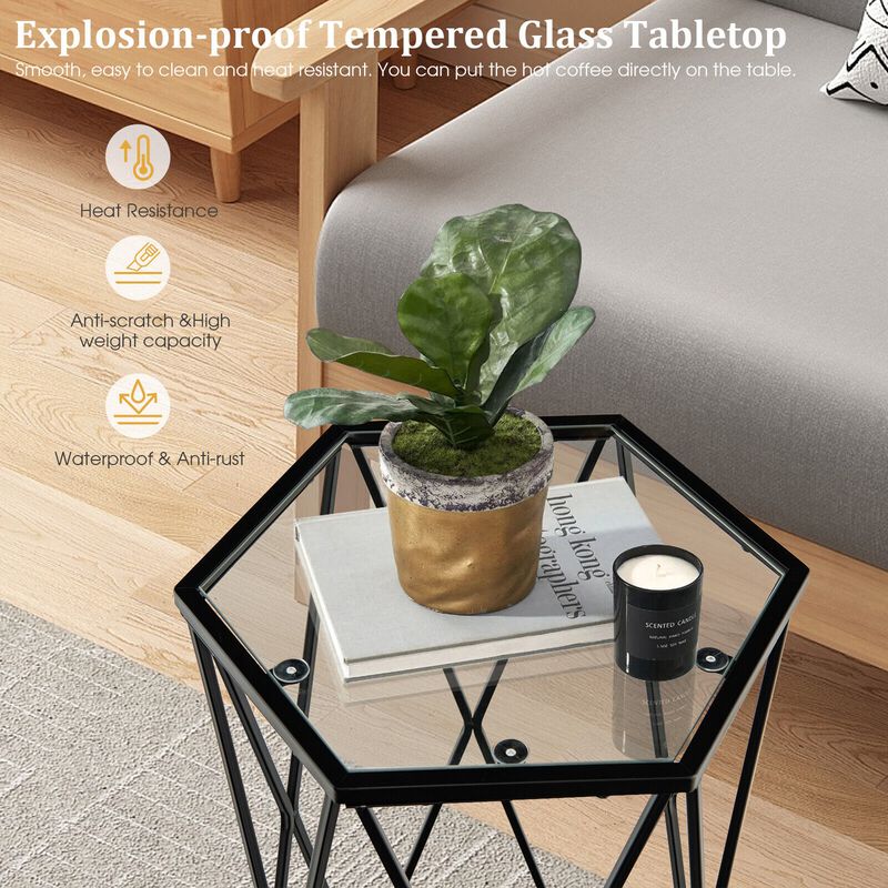 Hexagonal Accent End Table with Tempered Glass Top and Metal Frame