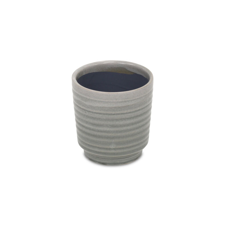HomeRoots Blue Ceramic 22 Ounce Striped Round Distressed Pot Planter image number 2
