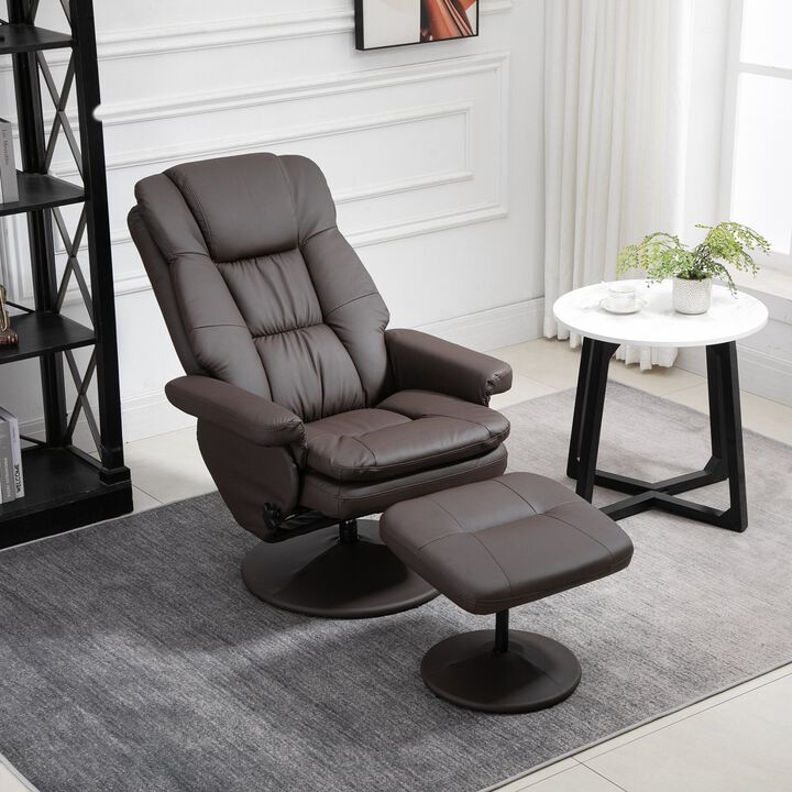 Leather Reclining Chair with Round Wrapped Base, Swivel Recliner Chair with Ottoman