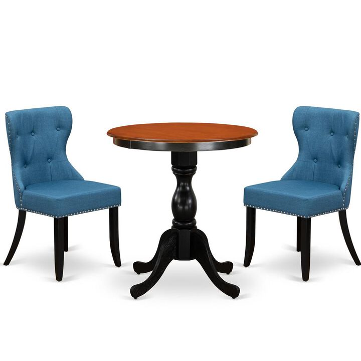 East West Furniture 3-Piece Modern Dining Set Include a Wooden Table and 2 Blue Linen Fabric Dining Room Chairs with Button Tufted Back - Black Finish