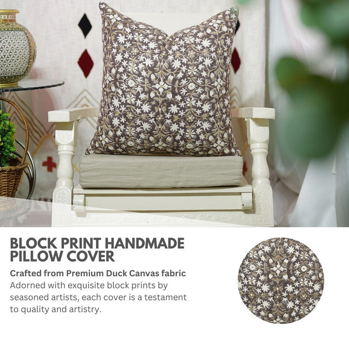 Fabdivine Vintage Floral Duck Canvas Chocolate Brown Block Print Throw Pillow Cover es Home D&eacute;cor Accent, Mahalaxmi