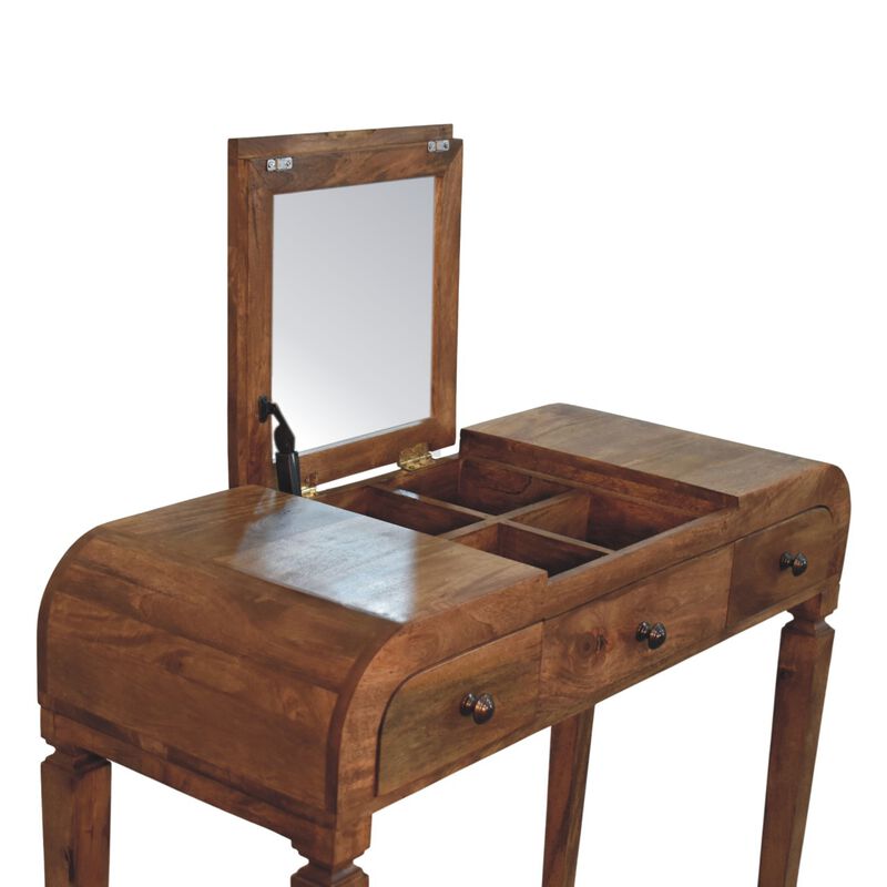 Artisan Furniture Solid Wood Golden Teak Curved Dressing Table, 1 Lift up Mirror, Storage Compartments, Brown image number 3