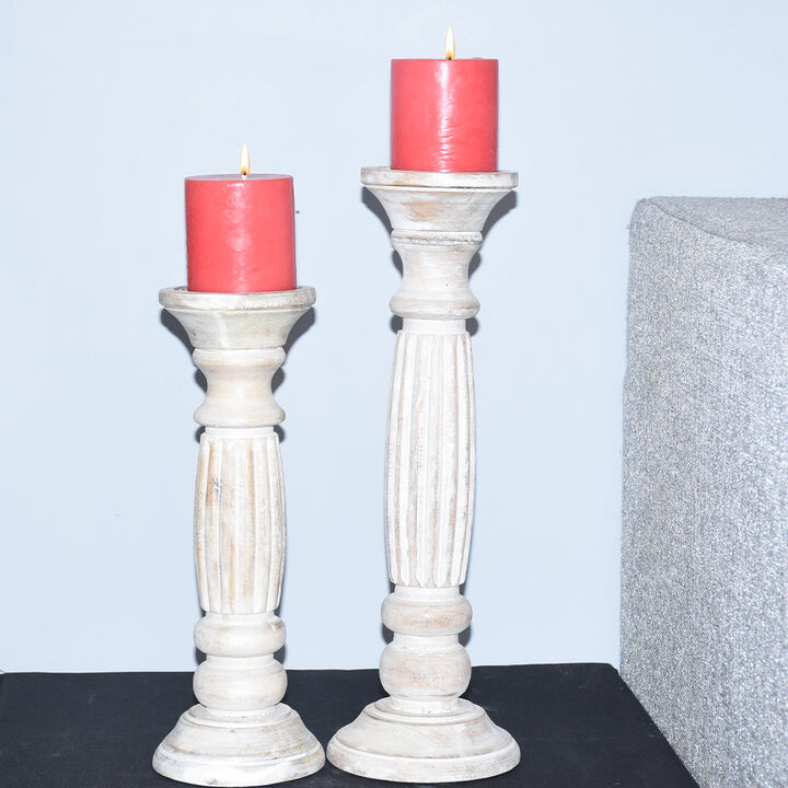Traditional Antique White Eco-friendly Handmade Mango Wood Set Of Two 12" & 15" Pillar Candle Holder