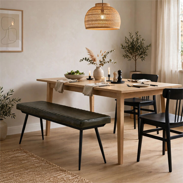 Mia 54 Inch Bench, Hand Dyed Espresso Brown Leather, Vertical Tufting