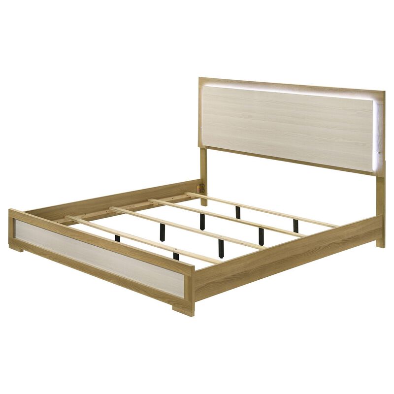 Hyle King Size Bed, Natural Brown Hardwood, LED Backlit Headboard - Benzara
