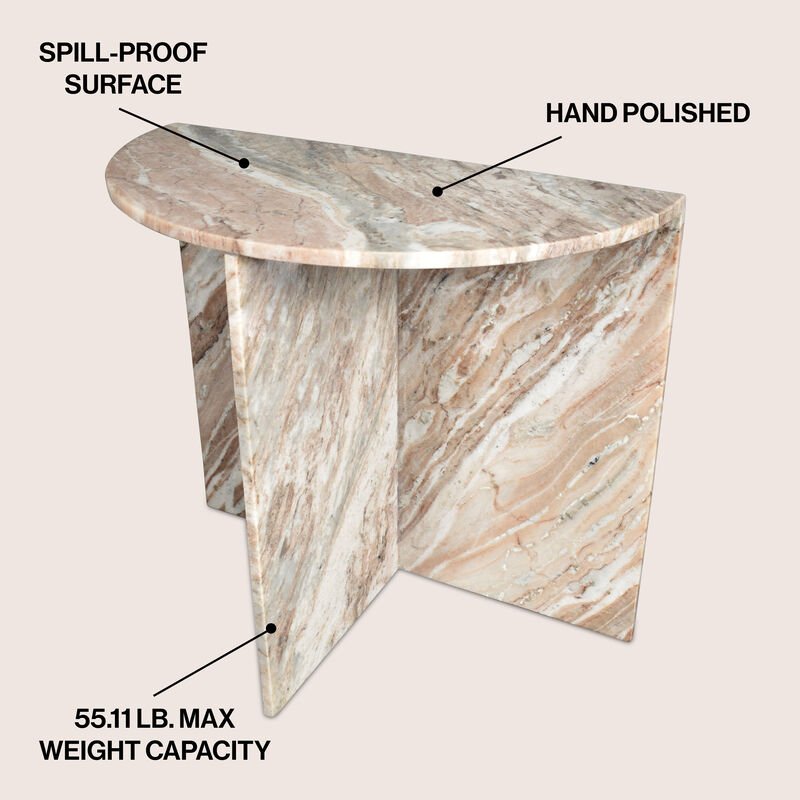 Patrice 24" Art Deco Minimalist Natural Marble Handmade Demilune Side Table