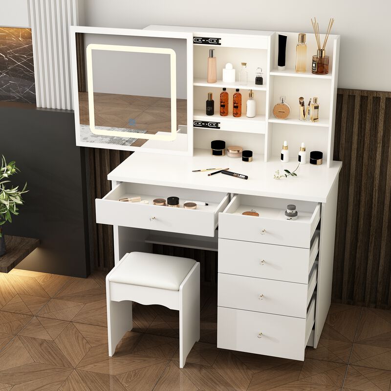 5-Drawers Black Wood LED Push-Pull Mirror Makeup Vanity Sets Dressing Table Sets with Stool and 3-Tier Storage Shelves