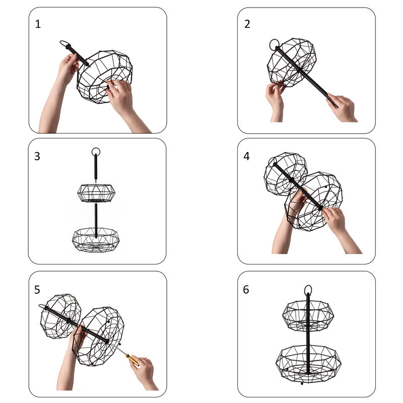 2 Tier Free Standing Countertop Fruit Basket for Kitchen | Detachable Carbon Steel Stable Fruit Storage Organizer for Breads, Snacks, and Vegetable, Black