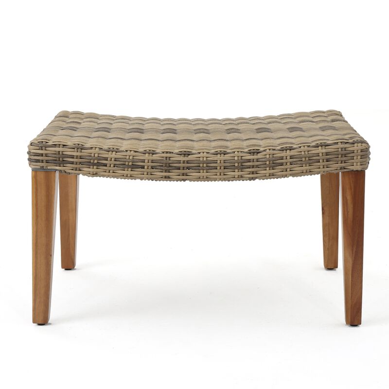 Bops Outdoor Ottoman, Gray Faux Rattan Wicker, Brown Acacia Wood - Benzara