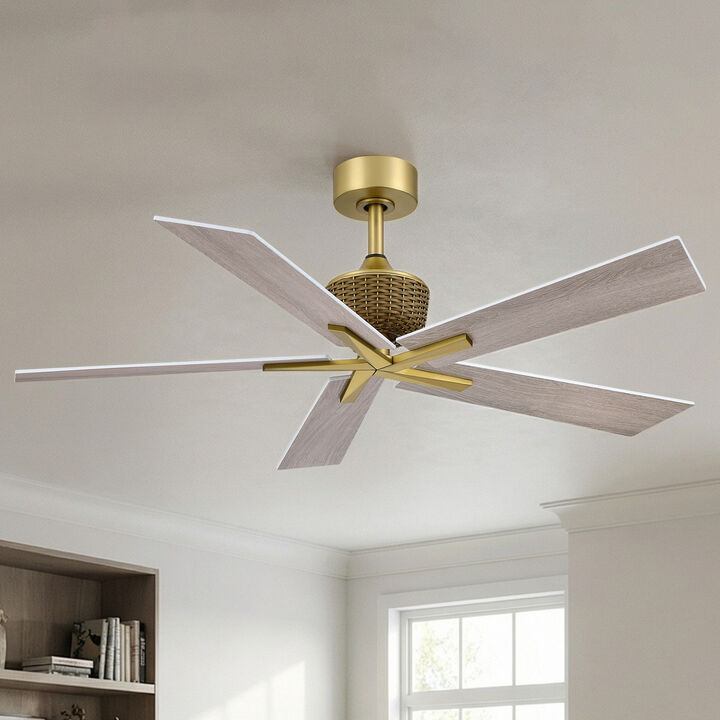 52" Modern Soft Brass 5-Blade Reversible Ceiling Fan with Remote, No Light