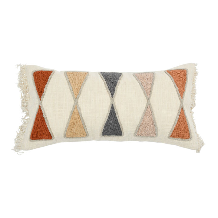Embroidered Cotton Lumbar Pillow with Fringe, Terracotta Multicolor
