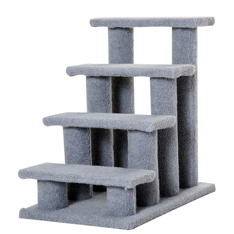 Gray Feline Climber: 25" 4-Step Carpeted Cat Stairs with Toy image number 0