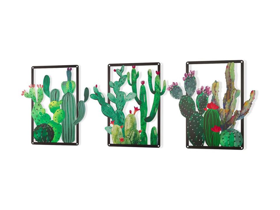 Green Metal Cactus Wall Decor Set of 3 Southwestern Art for Bedroom Living Room
