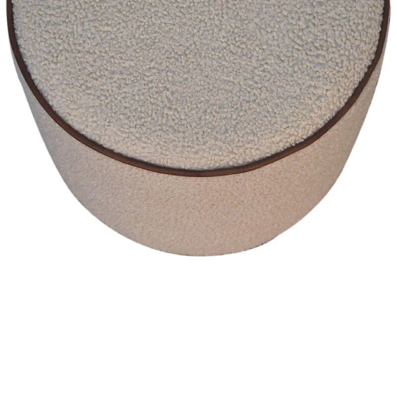Boucle Round Footstool with Bufallo Leather Piping