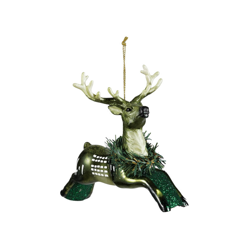 Glittered Green Glass Deer Ornament with Resin Antlers image number 0