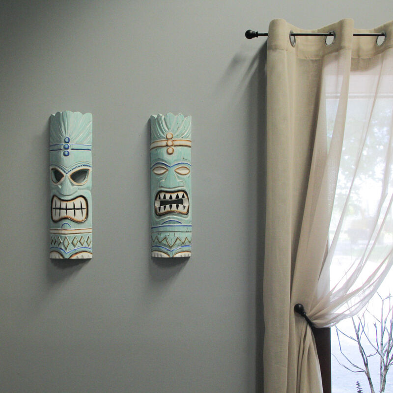 Set of 2 Polynesian Tiki Mask Wall Hangings - 20" - Aqua Blue image number 5