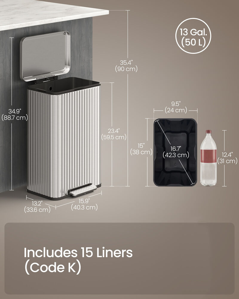 50 Liter Stainless Steel Trash Can with Lid Removable Inner Bucket image number 2