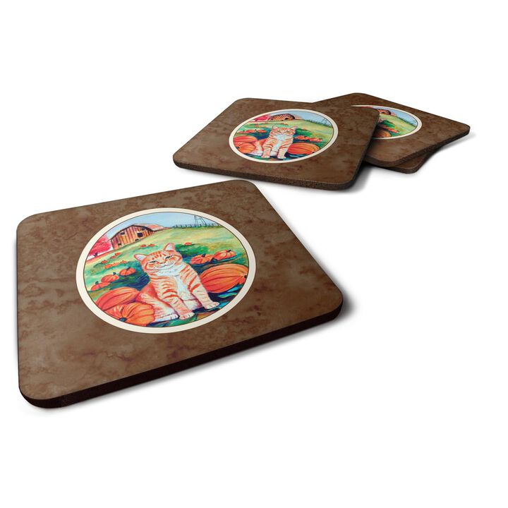 Caroline's Treasures 7123FC Tabby Cat In Pumpkins Foam Coasters (Set of 4), 3.5, Multicolor