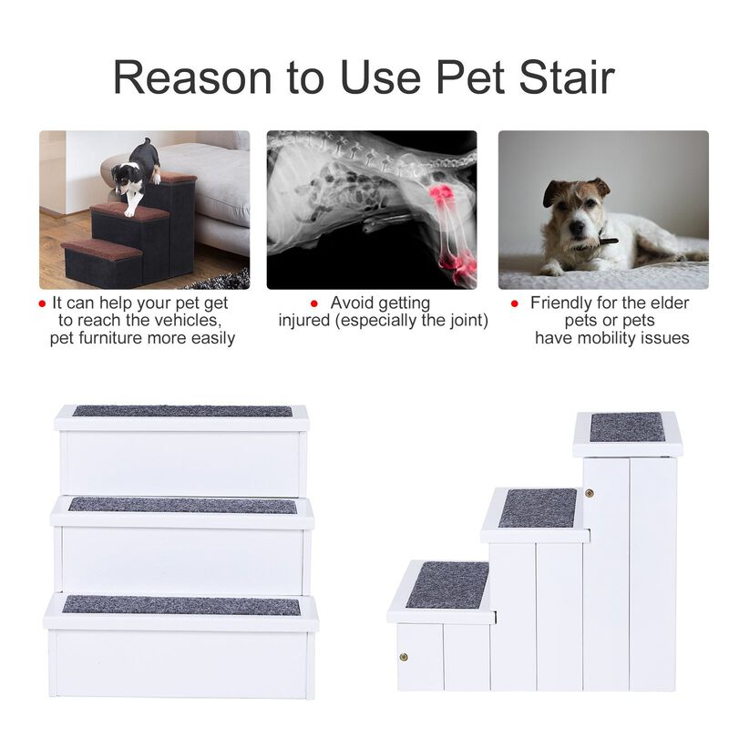 Pet-Friendly Ascent: 3-Step White Wooden Carpeted Stairs for Pets image number 4