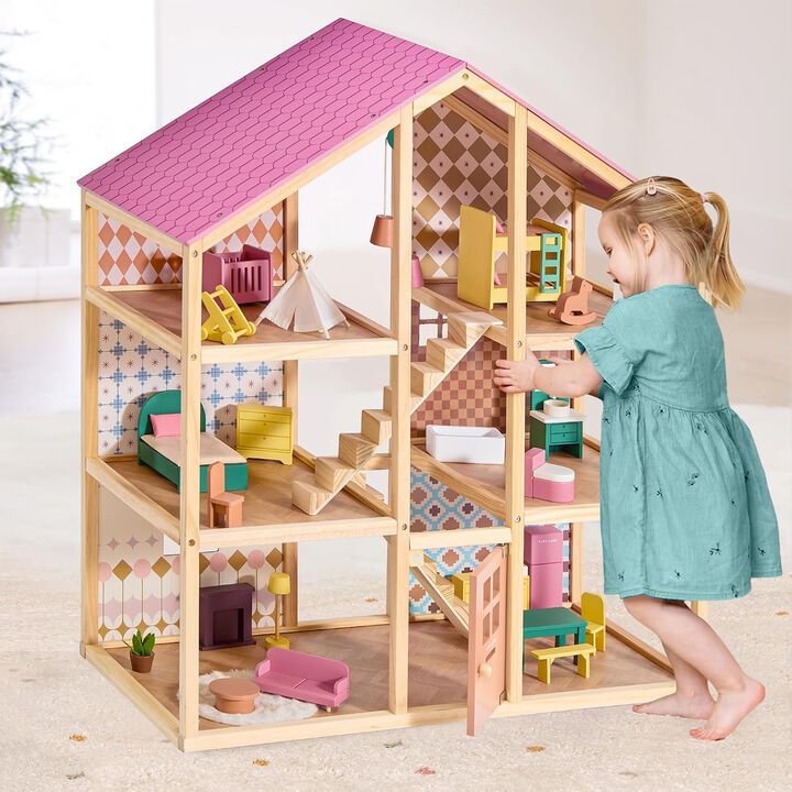 Wooden Dollhouse - 6 Rooms Wooden Doll House, DIY Pretend Doll House with 31Pcs Furniture Accessories, Creative Gift for Girl