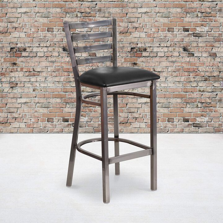 Flash Furniture HERCULES Series Clear Coated Ladder Back Metal Restaurant Barstool - Black Vinyl Seat
